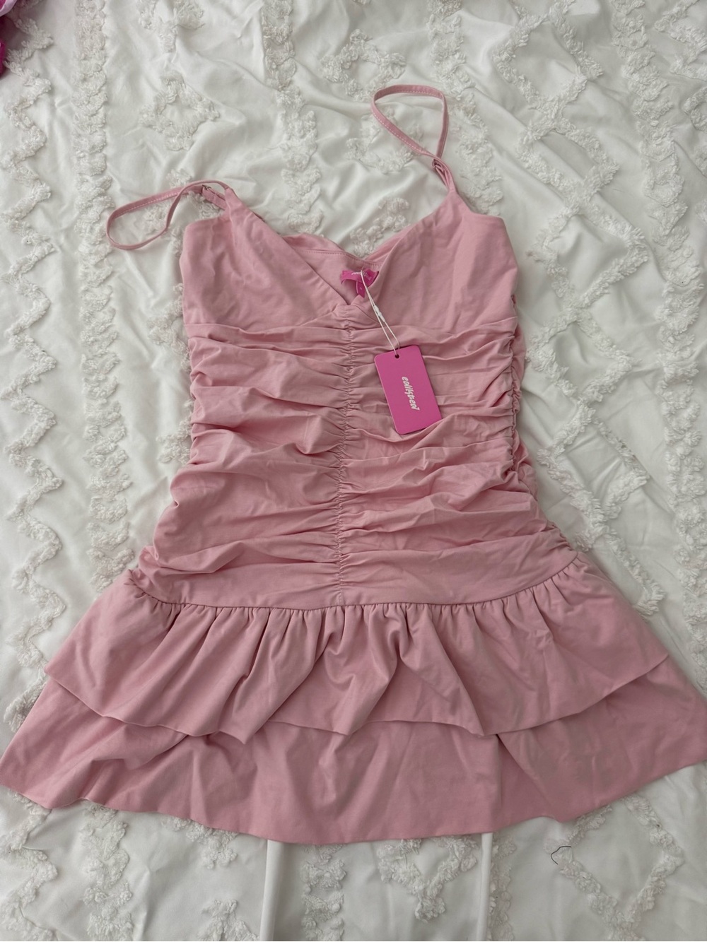 edikted Pink Ruched Ruffle Mini Dress